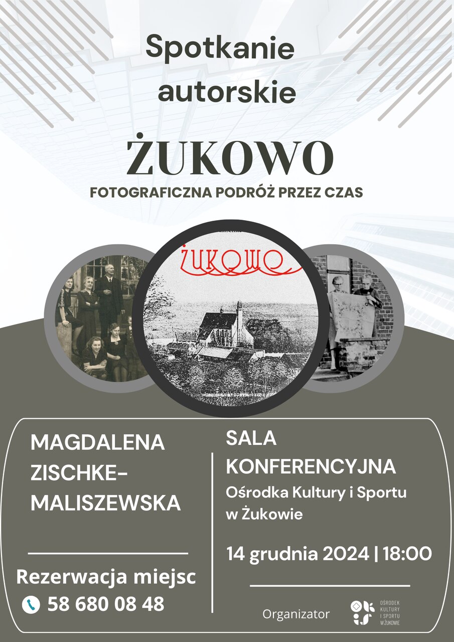 plakat informujący o spotkaniu autorskim. poza nazwą albumu i nazwiskiem autorki plakat przedstawia trzy zdjęcia na pierwszym planie znajduje się kościół pw. wniebowzięcia nmp w żukowie, kiedyś był to klasztor sióstr norbertanek, zdjęcie po prawejstronie przestawia kobiety - siostry ptach z jednym z haftów, zaś po lewej stronie na stopniach przed domem stoi rodzina Jaworskich. 